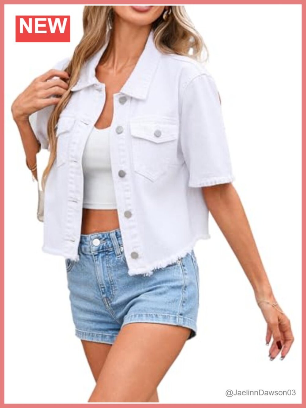 Short Sleeve Cropped Denim Jacket Frayed Hem Button Down Casual Summer